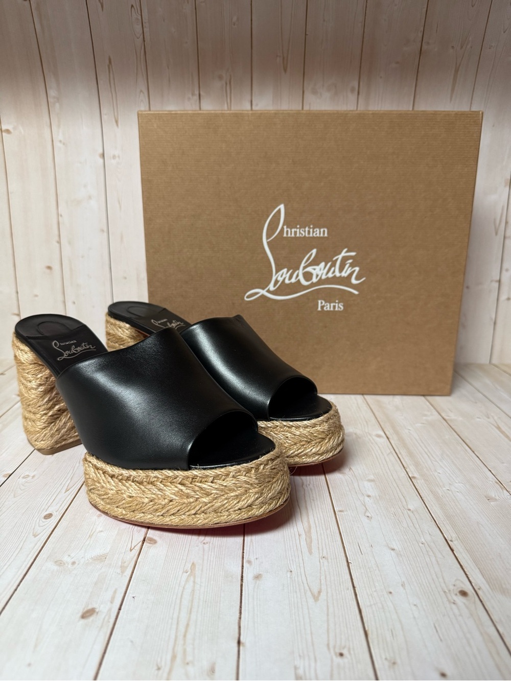 Christian Louboutin Calakala Leather Espadrille Mule Sandal Black Sz 41 / 11